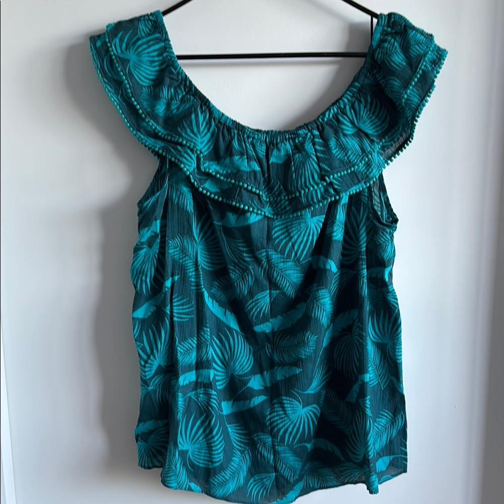 Boden Teal Tropical Ruffled Sleeveless Top